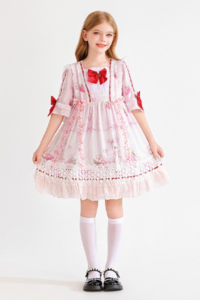 子供 ロリータ シフォン レース ワンピース いちご ピン