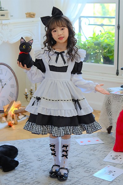 白黒 チェック 長袖 メイド服